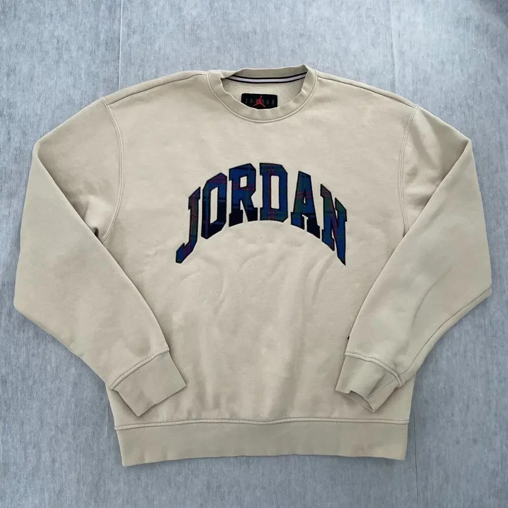 Nike Jordan Sweater Adult Medium Brown Crew Neck Plaid Spell Out Pullover Mens M